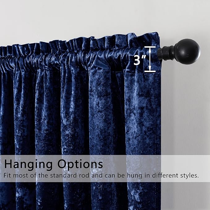 SMILETIME Navy Blue Crushed Velvet Curtains 52x108inch Rod Pocket Luxurious Thermal Insulated Soundproof Drapes Soft and Durable Light-Filtering Window Treatments for Living Room Bedroom, 2 Panels