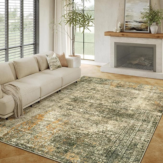 Area Rug 6x9 Brown Washable Non-Slip Lightweight Floral Vintage Distress Print Rug for Living Room Low Pile Soft Throw Indoor Carpet for Office College Dorm Laundry Dining Room Bedroom