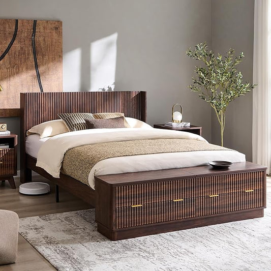 T4TREAM Fluted Queen Size Bed Frame with Wingback Headboard, Footboard Storage Bench with Built-in Drawers & Lift-Up Compartments, Wood & Steel Platform Bed, No Box Spring Needed, Dark Walnut