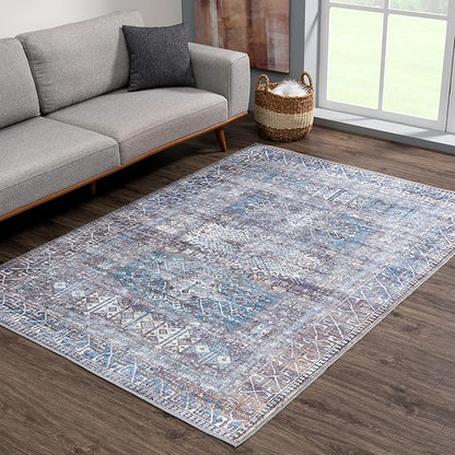 Bloom Rugs Washable 6' x 9' Rug - Slate Gray/Blue Traditional Area Rug for Living Room, Bedroom, Dining Room, and Kitchen - Exact Size: 6' x 9'