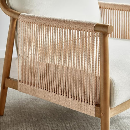 CHITA Braid Accent Chair, Modern Armchair with Solid Wooden Armrest for Living Room and Bedroom, Boho Reading Chair, Cream