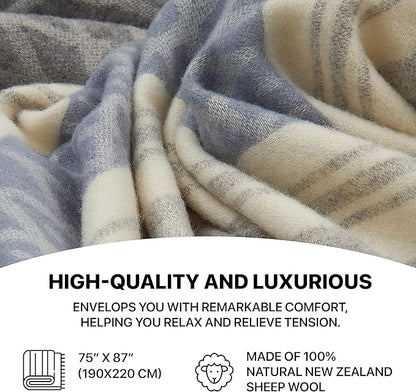 | Wool Blanket/Throw | 100% New Zealand Wool | Perfect for Home and Outdoors | Virgin Wool Throw with Fringes 75"x87" (190 x 220 cm)