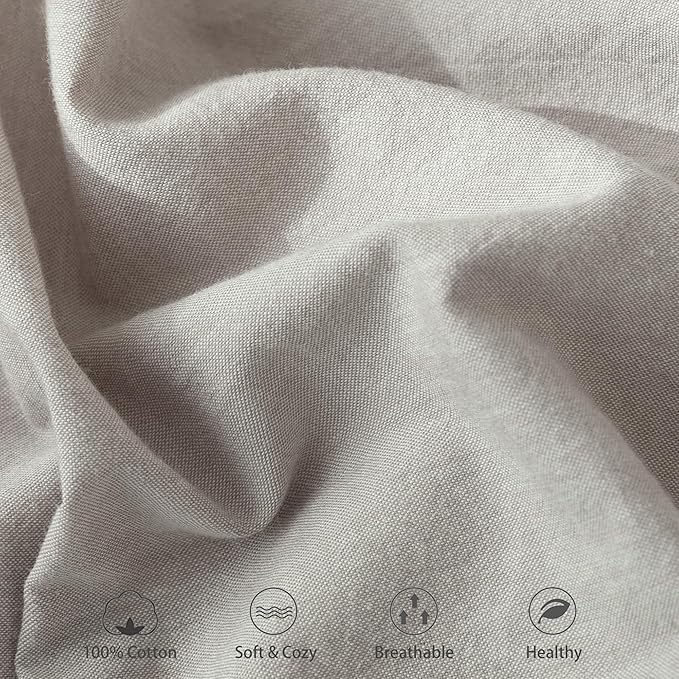 MooMee Fitted Bottom Sheet Only 100% Washed Cotton Linen Like Textured Breathable Durable Soft Comfy Deep Pocket Fits Mattress up to 17" (Natural Linen, King)