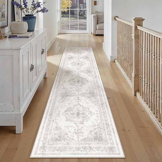 Runner Rug 3x10 Washable Light Gray Hallway Runner Vintage Boho Medallion Non Slip Grey Distressed Retro Carpet Indoor Low Pile Long Soft Rug for Kitchen Entryway Bedroom Bathroom Laundry
