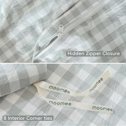 MooMee Gingham Duvet Cover Set 100% Washed Cotton Linen Like Textured Breathable Durable Soft Comfy Modern Checkered Design (Northern Droplet Grey Gingham, Super King 108"x98")