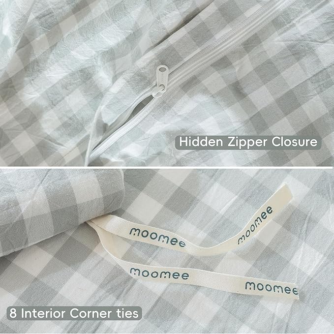 MooMee Gingham Duvet Cover Set 100% Washed Cotton Linen Like Textured Breathable Durable Soft Comfy Modern Checkered Design (Northern Droplet Grey Gingham, Twin 68"x90")