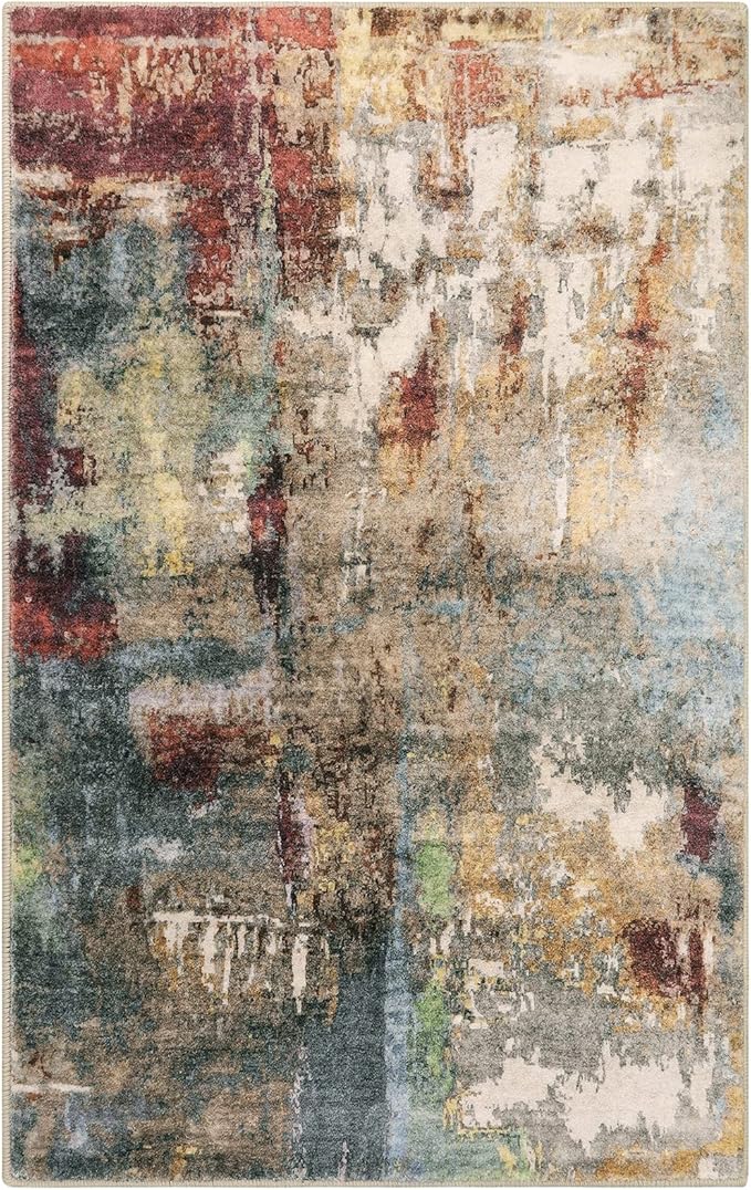 Lahome Modern Abstract Area Rug - 3x5 Washable Bedroom Rug Soft Throw Entry Mat Non-Slip, Contemporary Faux Wool Stain Resistant Floor Carpet for Living Room Kitchen Chair Door,Red/Multi