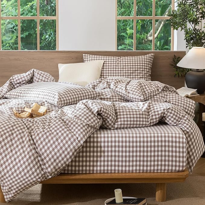 MooMee Gingham Duvet Cover Set 100% Washed Cotton Linen Like Textured Breathable Durable Soft Comfy Modern Checkered Design (Brown Gingham, Full 80"x90")