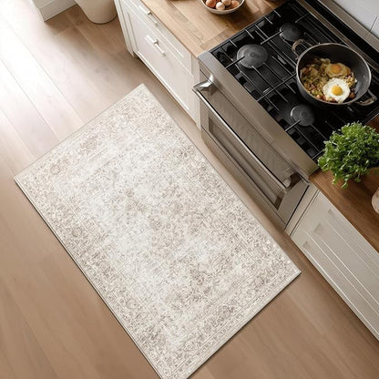 FMFUNCTEX Entryway Rug 2x3 Washable Beige Vintage Distressed Door Mat Non Slip Low Pile Indoor Carpet Soft Retro Floral Small Throw Area Rugs for Entry Way Entrance Bedroom Kitchen Bathroom Laundry