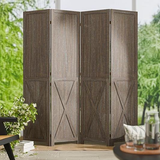 Cozy Castle Wood Room Divider, 4 Panels Folding Privacy Screen, 66.9'' Wall Divider, Barnwood Room Separator, Freestanding Partition, Temporary Wall for Decorative, Rustic Brown