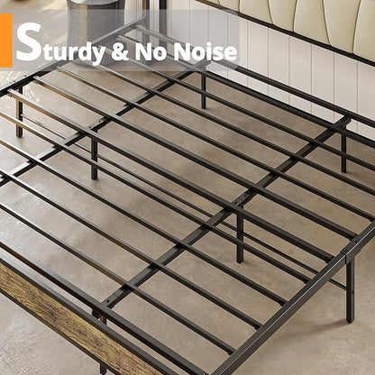 LIKIMIO King Bed Frame, Storage Headboard with Charging Station, Solid and Stable, Noise Free, No Box Spring Needed, Easy Assembly (Walnut and Beige)