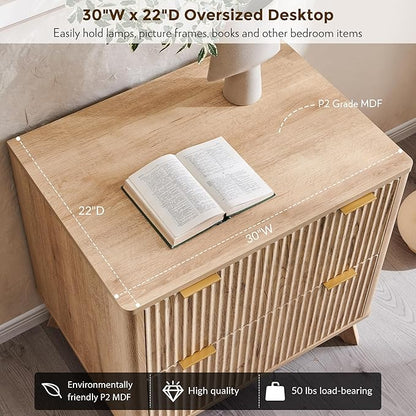 T4TREAM Modern Fluted Wood Night Stand, 30" Tall Bedside Table with 2 Drawers & Large Tabletop, Side Tables Bedroom, End Table for Living Room, Natural Oak