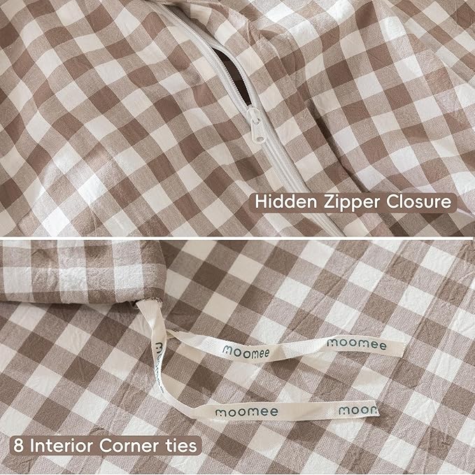 MooMee Gingham Duvet Cover Set 100% Washed Cotton Linen Like Textured Breathable Durable Soft Comfy Modern Checkered Design (Brown Gingham, Twin 68"x90")