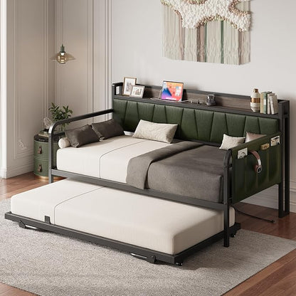 LIKIMIO Daybed with Trundle Bed, Twin XL Bed Frame with Storage Headboard and Charging Station, Sofa Day Bed with Strong Supports for Living Room, Bedroom, and Guest Room, Green