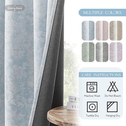 Beauoop Blue Floral Jacquard Blackout Curtains 84 Inches Long 2 Panels for Bedroom Living Room Chenille Flower Room Darkening Thermal Insulated Soundproof Grommet Window Treatments Drapes, 52x84