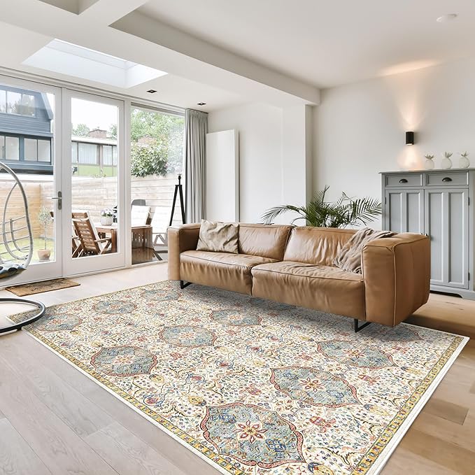 Gertmenian Indoor Bohemian Area Rug - 9x13 Extra Large, Non-Shedding, Ideal for High Traffic in Living Room, Bedroom, Entryway - Moroccan, Beige/Sand, 26830
