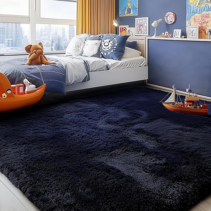PAGISOFE Navy Blue Rug 3x5, Fluffy Dark Blue Rugs for Bedroom Super Soft Bedside Rugs, Modern Indoor Carpets for Living Room Non-Slip Carpet for Kids Boys Girls Teen Dorm Nursery Room Decor Classroom