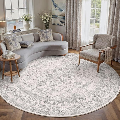 Grey Round Area Rug 6ft Entryway Door Mat Small Circle 6x6 Kitchen Vintage Carpet Non Slip Indoor Bedroom Washable Distressed Floral Retro Accent Throw Rug Office Bathroom