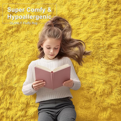 OLANLY 3x5 Machine Washable Small Bedside Rug, Soft Fluffy Shaggy Rugs for Living Room, Bedroom, Indoor Floor Carpet for Kids Girls and Boys, Preppy Dorms, Nursery, Home Decor Aesthetic, Yellow