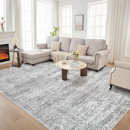 Area Rug Living Room Rugs - 8x10 Abstract Large Soft Indoor Washable Rug Neutral Modern Low Pile Carpet for Bedroom Dining Room Farmhouse Home Office - Vintage Grey