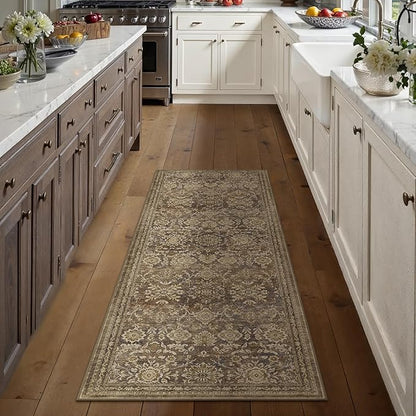 2x6 Runner Rug Brown Vintage Hallway Carpet Indoor Kitchen Washable Living Room Low Pile Traditional Distressed Retro Floral Accent Throw Rug Non Slip Laundry Bathroom Office Dining Room