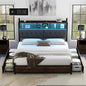AMERLIFE King Size Bed Frame with Bookcase Headboard, 4 Storage Drawers, Wooden Platform Bed with Charging Station & LED Light, No Box Spring Needed, Noise-Free, Rustic Brown