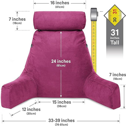Husband Pillow XXL Aspen Edition - Adult Reading Bed Rest Pillow with Arms & Detach Neck Roll on Bungee Cord - Premium Memory Foam, Reversible 2 Sided Covers Micro Suede or Plush, Sliding Raspberry