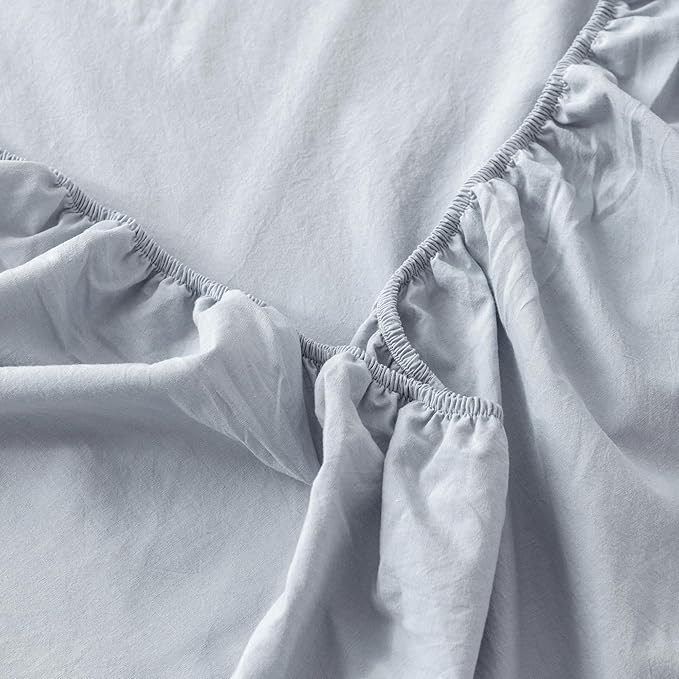 MooMee Fitted Bottom Sheet Only 100% Washed Cotton Linen Like Textured Breathable Durable Soft Comfy Deep Pocket Fits Mattress up to 17" (Cornflower Blue, Twin)