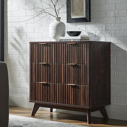 T4TREAM Fluted 3 Drawers Nightstand, Oversized Extra Large Modern Side Table, End Table Bedside for Bedroom, Living Room, Curved Profile Design, Dark Walnut