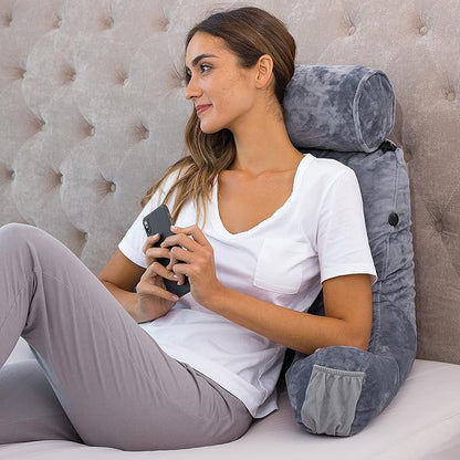 Husband Pillow Medium Dark Grey, Backrest for Kids, Teens, Petite Adults - Reading Pillows with Arms, Adjustable Loft, Plush Memory Foam, Bed Rest Chair Sitting Up, Detach Neck Roll, Removable Cover