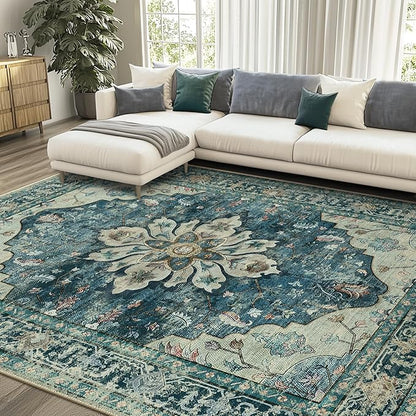 Area Rugs 7'x10' Washable Non-Slip, Floral Vintage Distress Print Pattern Medallion Carpet for Living Room Bedroom Dining Room, Dark Blue Vintage
