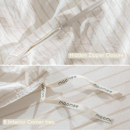 MooMee Striped Duvet Cover Set 100% Washed Cotton Linen Like Textured Breathable Durable Soft Comfy (White Almond Milk Grey Wide Stripes, Super King 108"x98")