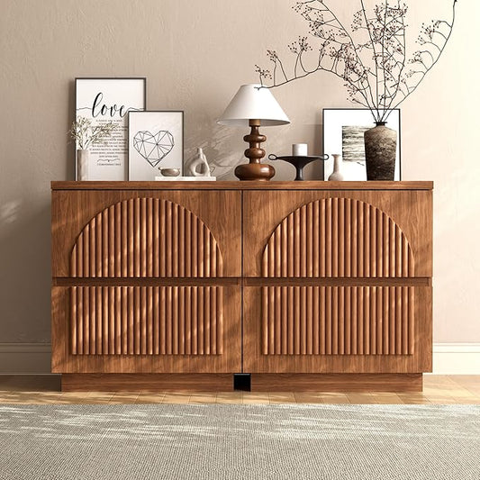 Yechen Nightstand with Drawers Set of 2, Modern Arched Reeded Wood Nightstand with Charging Station, Wooden Night Stand with Storage,Bedside End Tables for Bedroom, Walnut