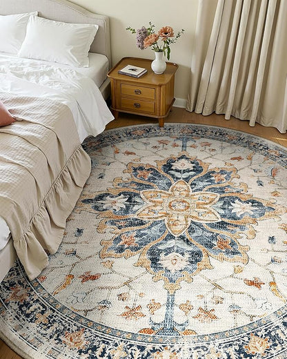 8ft Round Rug, Area Rugs 8ft, Washable Rug, Non-Slip, Rugs for Living Room for Bedroom, Circle , Vintage Rugs Boho Floral Medallion, Low Pile, Soft, Beige Dark Blue Navy Red