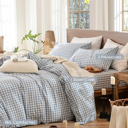 MooMee Gingham Duvet Cover Set 100% Washed Cotton Linen Like Textured Breathable Durable Soft Comfy Modern Checkered Design (Classic Gingham Cornflower Blue, Oversized Queen 98"x98")