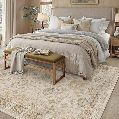 Beige 5x7 Area Rug Non Slip Vintage Living Room Distressed Machine Washable Carpet Retro Indoor Bedroom Floral Traditional Accent Throw Rug for Office Kitchen Dorm Dining Room