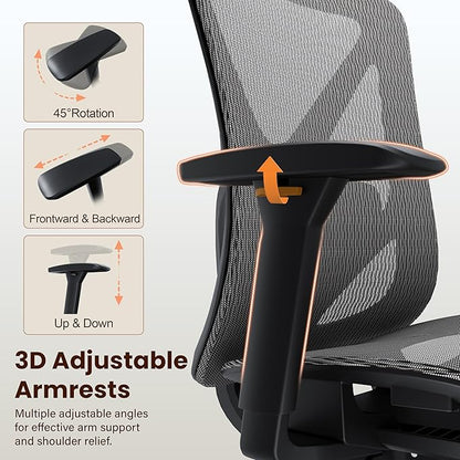 Ergonomic Office Chair, Mesh Computer Desk Chairs with Adjustable Lumbar Support, 3D Armrests, Tilt Function, Comfy Wide Seat, Swivel Executive Work Task Chair for Company and Home