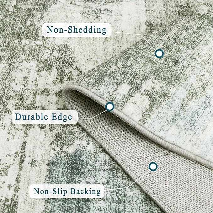 5x7 Area Rugs - Ultra-Thin Washable Rug with Non-Slip Backing, Ideal for Living Room, Bedroom, Kitchen Floor Carpet - Modern Abstract Style, Easy Clean, Durable, Low Pile Green