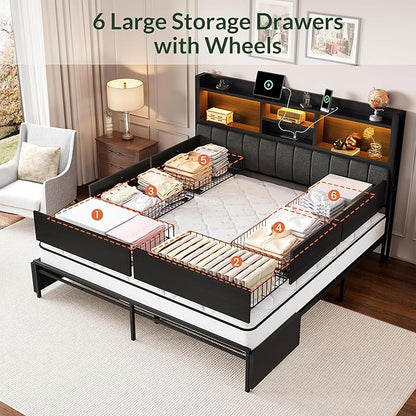 LARMACE King Bed Frame with 6 Storage Drawers, Bed Frame King Size with Linen Upholstered Headboard, Built in Charging Station and LED, No Noise, Metal Support, No Box Spring Needed,Vintage Black