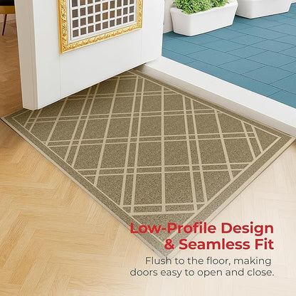 SlipToGrip Universal Door Mat, Plaid Design - Khaki, 42 x 35 - Anti Slip, Durable and Washable, Outdoor and Indoor Floor Welcome Mat - Front Door, Dust Absorbent