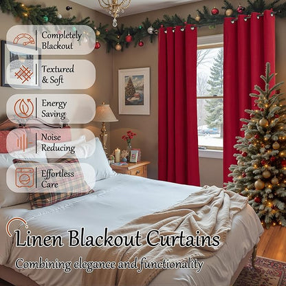 Linen Blackout Christmas Curtains - Red Thermal Insulated Curtains 90 Inch Long for Bedroom Living Room, Thick Heavy Light Blocking Energy Saving Soundproof Drapes Each 52x90 Inch 2 Panels