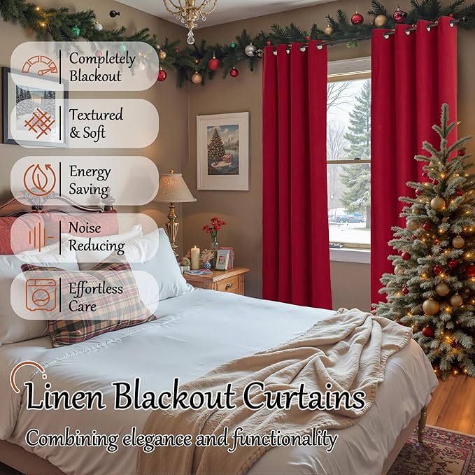Red 100% Linen Blackout Curtains for Winter Christmas Decor 95 Inch Long 52 Wide, Extra Long Thermal Insulated Light Blocking Linen Curtains, Window Drape Each 52x95 Inch 2 Panels