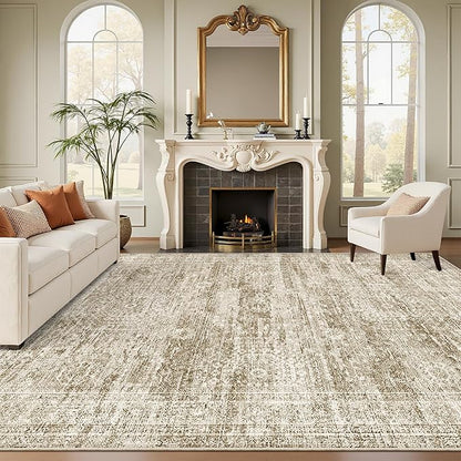7x9 Area Rug for Living Room Washable Abstract Vintage Soft Thin Indoor Floor Non-Slip Carpet for Bedroom Dining Room Brown