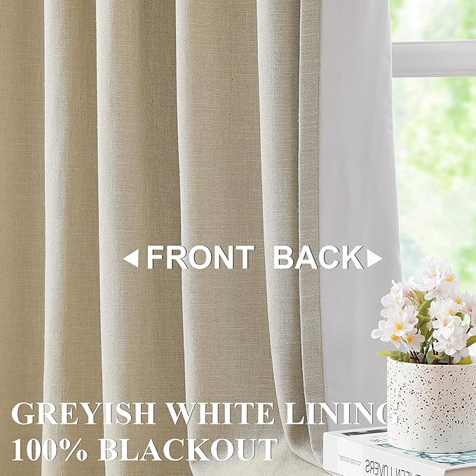 Vision Home Sand Linen Full Blackout Curtains 108 inch for Bedroom Living Room Darkening Soundproof Window Panels 9FT Thermal Insulated Rod Pocket Back Tab Farmhouse Drapes 56" Wx108 Lx2
