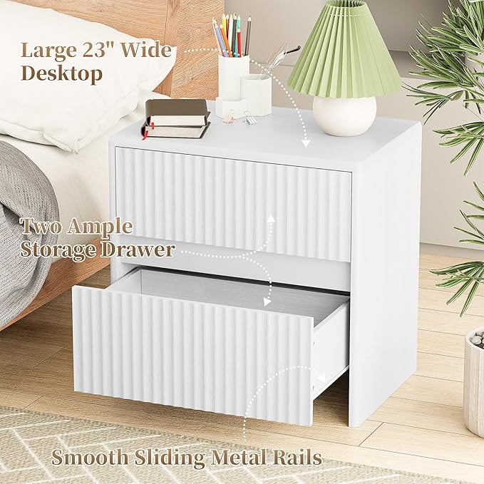 Set of 2 Fluted Nightstand, 23" Wide Bedside Table with 2 Storage Drawers, Modern Night Stand for Bedroom, White