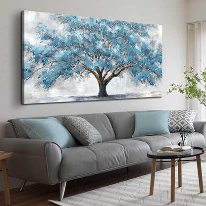 JuhaiArt Tree Wall Decor Teal Wall Art for Living Room Home Office White Canvas Art Large Artwork modern Prints 29" x 59"