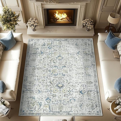 jinchan Kalen Area Rug 9x12 Washable Living Room Rug Vintage Indoor Large Floor Cover Retro Accent Mat Distressed Floral Country Boho Non Slip Thin Carpet for Bedroom Dining Room Office Blue Multi