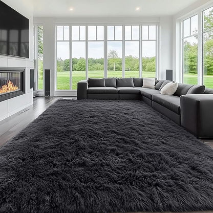 OLANLY 9x12 Machine Washable Large Area Rugs for Living Room, Bedroom, Soft Fluffy Shaggy Bedside Rug, Indoor Floor Carpet for Kids Girls and Boys, Dorms, Nursery, Home Decor Aesthetic, Black