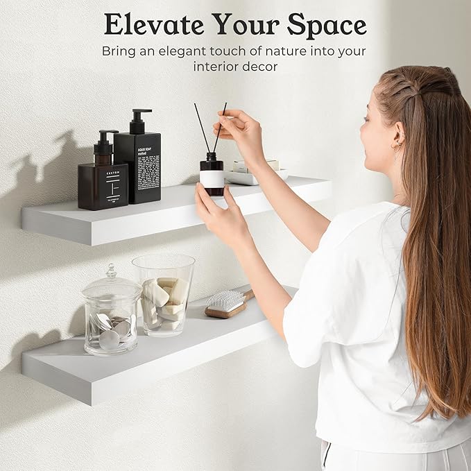 Floating Shelves for Wall, 9.3" Deep Wall Mounted Wood Shelves for Bathroom, Bedroom, Living Room, Kitchen, Hanging Shelf for Books/Storage/Room Decor (White, 48")