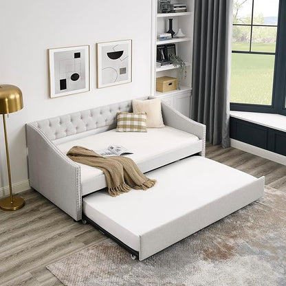 Favfurish Twin Size Daybed with Trundle,Linen Upholstered Sofa Bed W/Button on Back & Copper Nail on Waved Shape Armrests,Space Saving,No Spring Box Need,Wood Bedframe for Living Room Bedroom,Beige